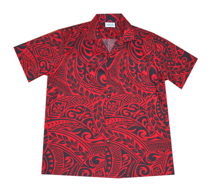 Cotton Blended Red Leaf Tattoo Aloha Shirt