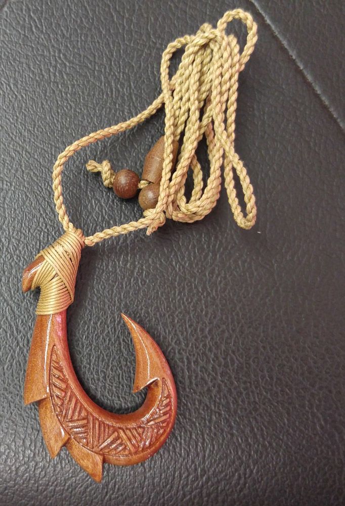 Hand Carved Natural Koa Wood Dragon Fish Hook Necklace