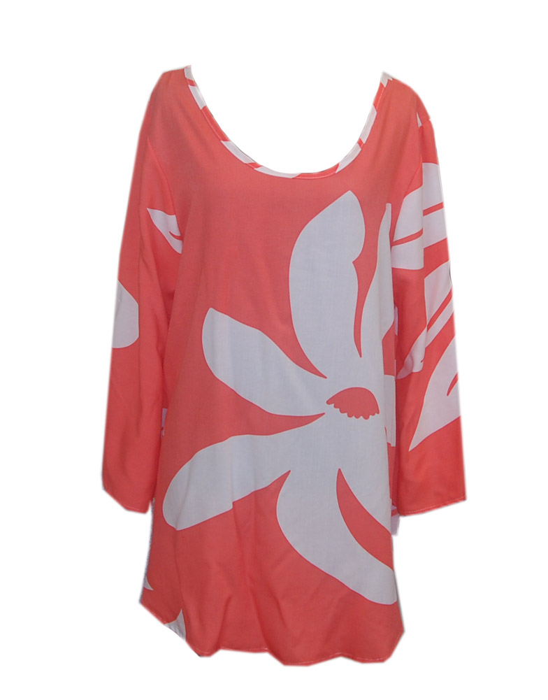 Ladies Coral Tiare Monstera Leaf Hawaiian Joey Tunic Top, Da808style.com